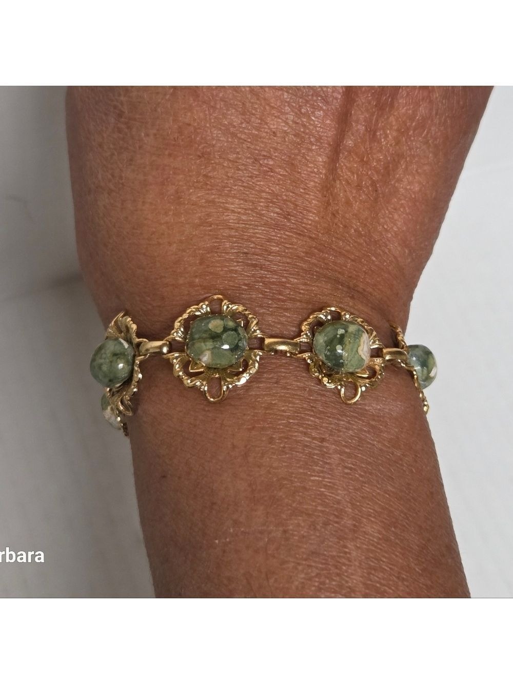 Vintage 60s Gold-tone Filigree & Green Jasper Link Bracelet